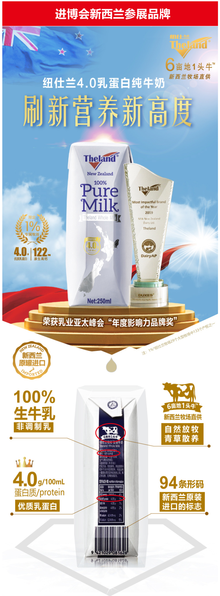 新西兰原装进口纽仕兰40g乳蛋白全脂纯牛奶250ml24盒