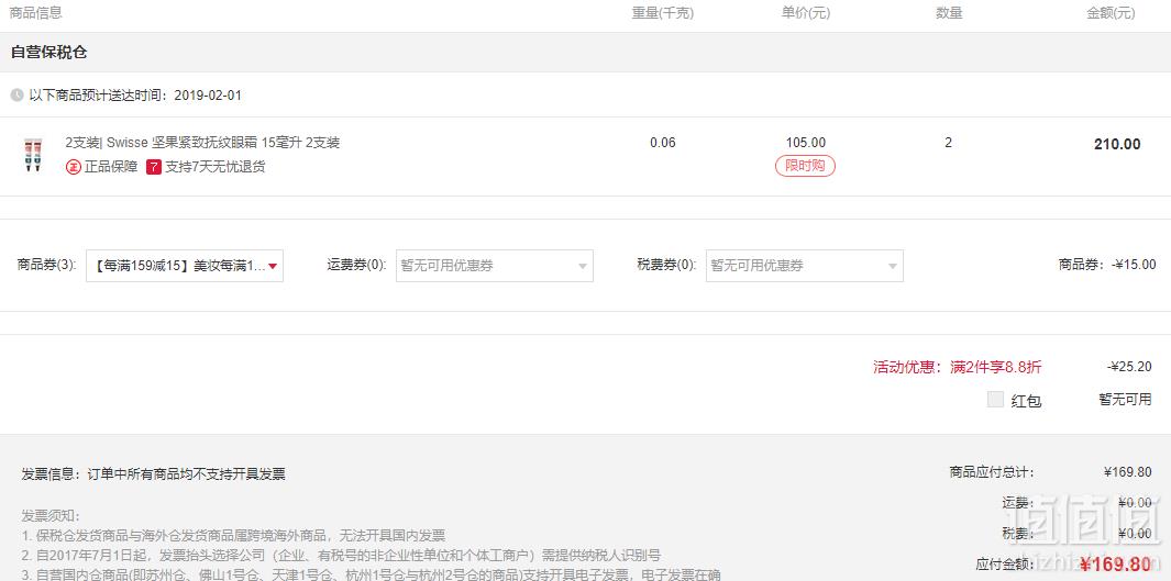 Swisse 摩洛哥坚果抗衰老眼霜 15ml*2支*2件 169.8元包邮包税42.45元/支（双重优惠）