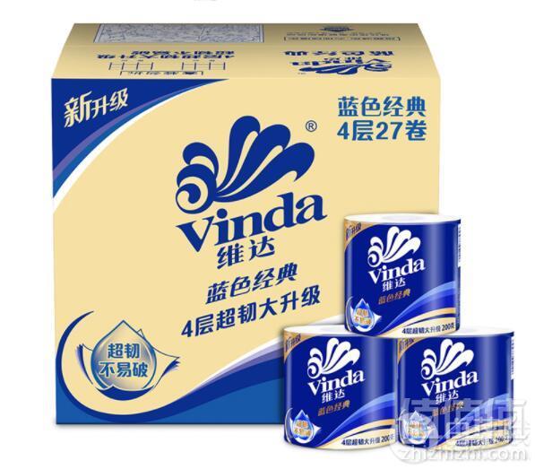 维达 蓝色经典 4层200g卫生纸*27卷*4箱 ¥219.6元包邮54.9元/箱（需领券）