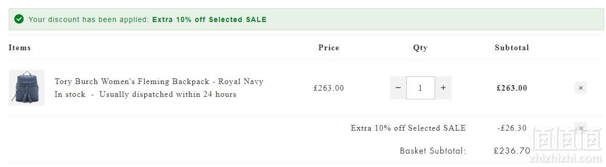 Mybag 多款包包手表 降至5折+额外9折，TORY BURCH 女士FLEMING真皮双肩包 £236.7免费直邮到手2077元