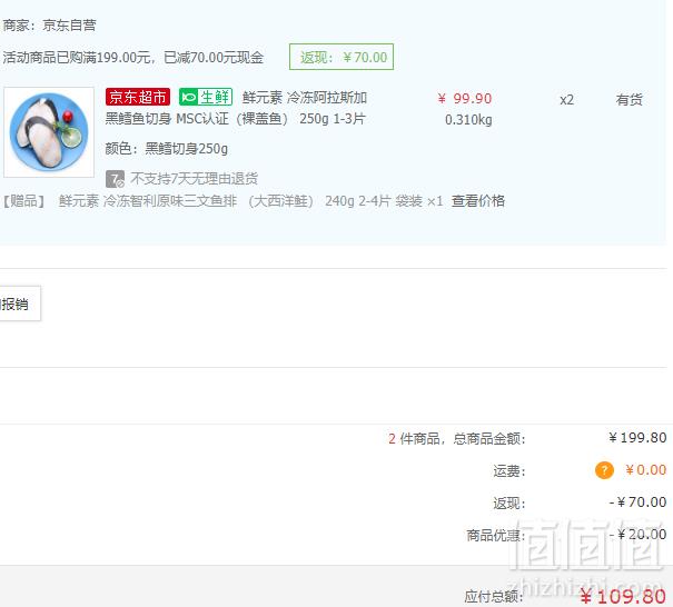 限地区，鲜元素 冷冻阿拉斯加黑鳕鱼切身 250g*2件 送冷冻智利原味三文鱼排 240g 109.8元包邮54.9元/件（双重优惠）