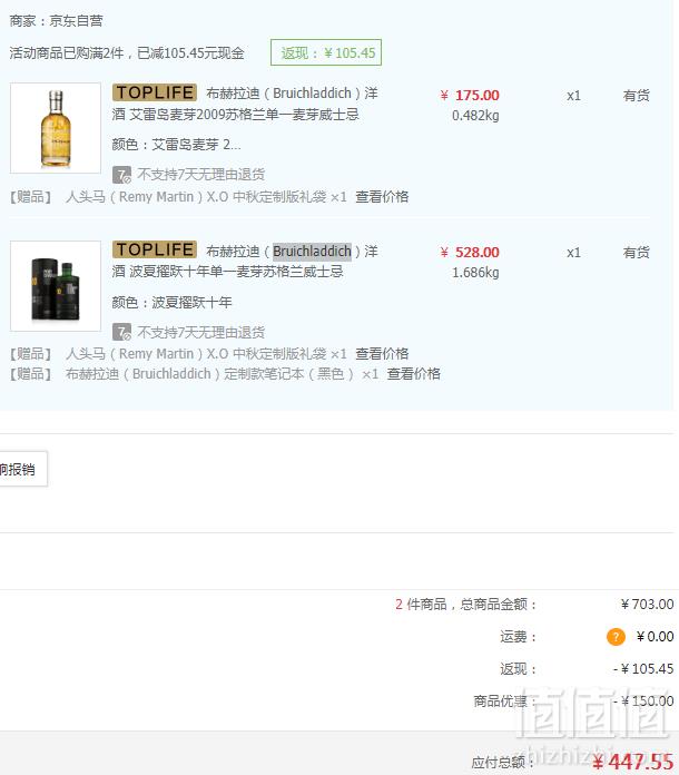 Plus会员限地区，Bruichladdich 布赫拉迪 波夏擢跃十年 单一麦芽威士忌 700ml+凑单品447.55元（双重优惠）