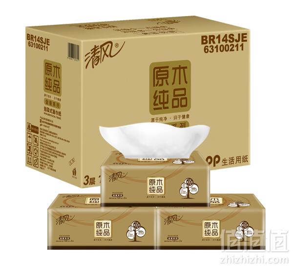 清风 原木纯品金装3层120抽*24包抽取式面纸*4箱 ￥141.76元包邮合34元/件（双重优惠）
