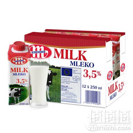 波兰进口 MLEKOVITA 妙可 全脂纯牛奶 250ml*12*3箱 含税86.3元28.76元/箱