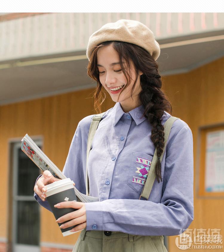 2019春装新款 茵曼 女士棉麻印绣长袖衬衫 4色107元包邮（双重优惠）