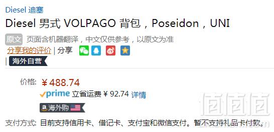 Diesel 迪赛 VOLPAGO 男士双肩包 Prime会员免费直邮含税到手543元（国内官网￥1400）