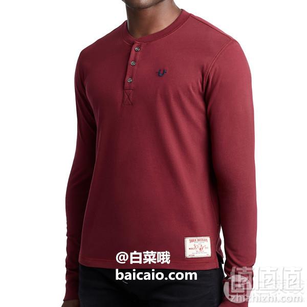 限XL码，True Religion 真实信仰 Embroidery 男士纯棉长袖亨利恤 Prime会员免费直邮含税到手236元