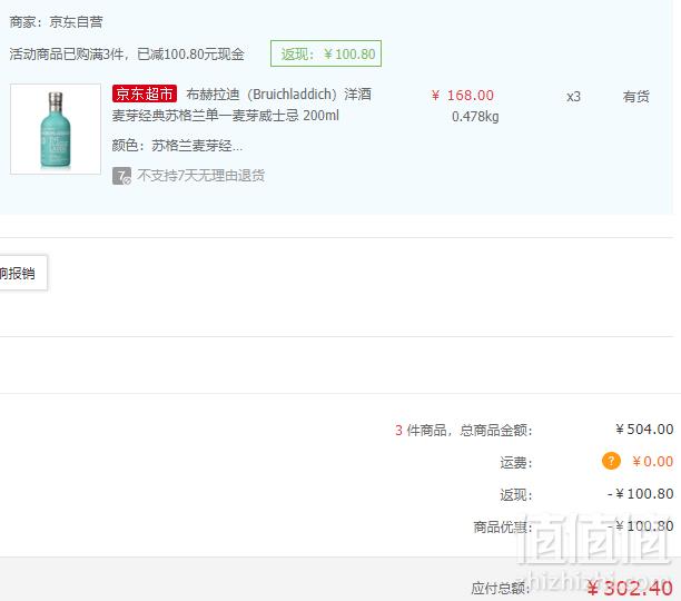 限地区，Bruichladdich 布赫拉迪 苏格兰单一麦芽威士忌 200ml*3瓶 302.4元包邮100.8元/瓶（双重优惠）