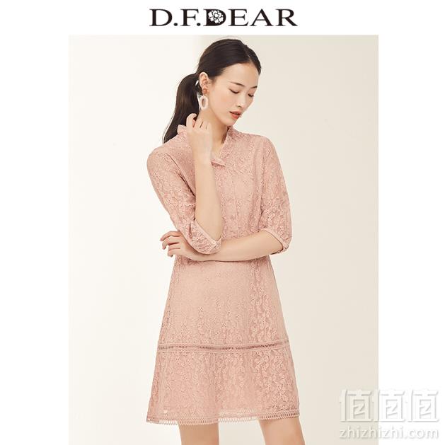 2019新款，D．F．DEAR 德菲蒂奥 纯色中袖气质简约蕾丝连衣裙 2色179元包邮（需领券）