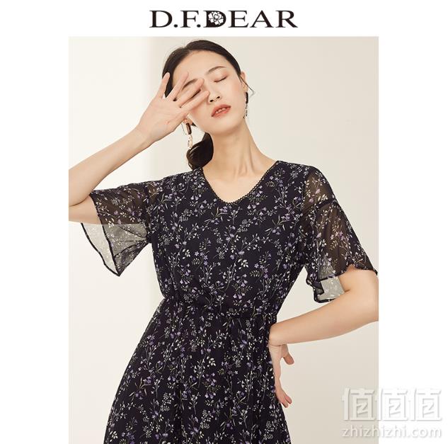 D．F．DEAR 德菲蒂奥 女士V领短袖印花连衣裙159元包邮（需领券）