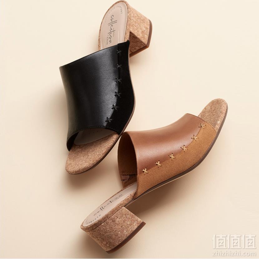 限US5.5码，2019新款 Clarks 女士 Elisa Abby 女士真皮粗高跟一字拖鞋 Prime会员免费直邮含税到手262元（天猫旗舰店699元）