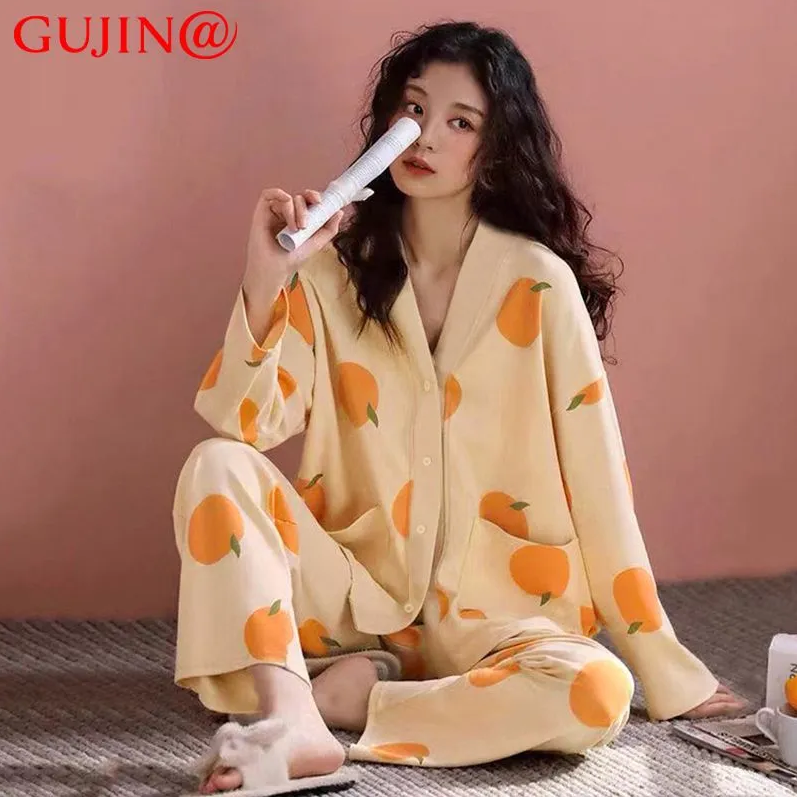 中华老字号，GUJIN 古今 女士V领薄款棉质长袖家居服套装 2色49元包邮（需领券）