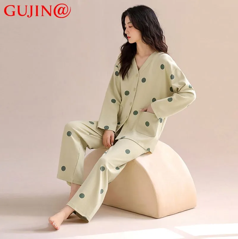 中华老字号，GUJIN 古今 女士V领薄款棉质长袖家居服套装 2色49元包邮（需领券）