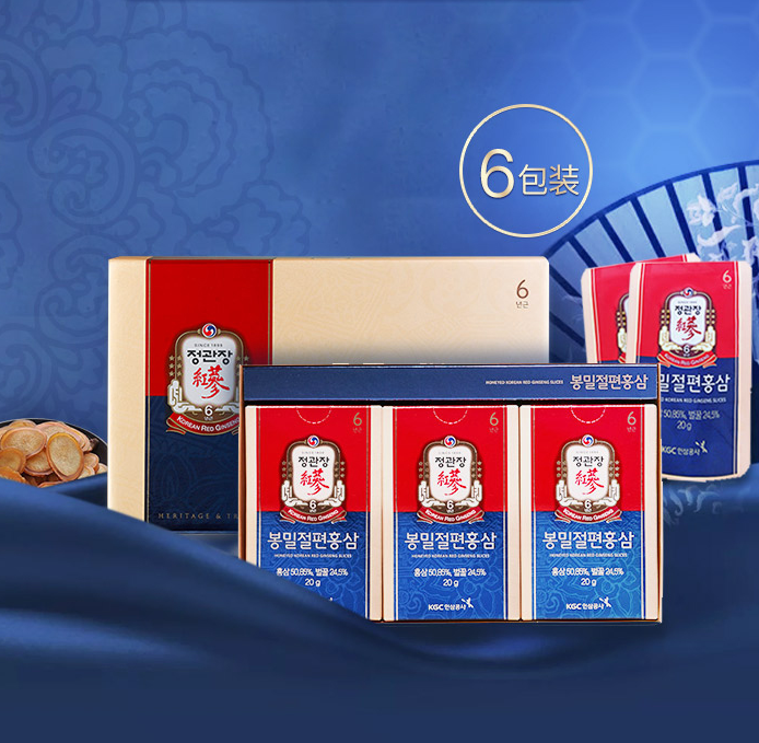 韩国进口 正官庄牌 6年根红参片切片20g*6包/礼盒*3盒 （赠浓缩液10包+红参液10包）新低526.91元包邮（175.64元/盒）