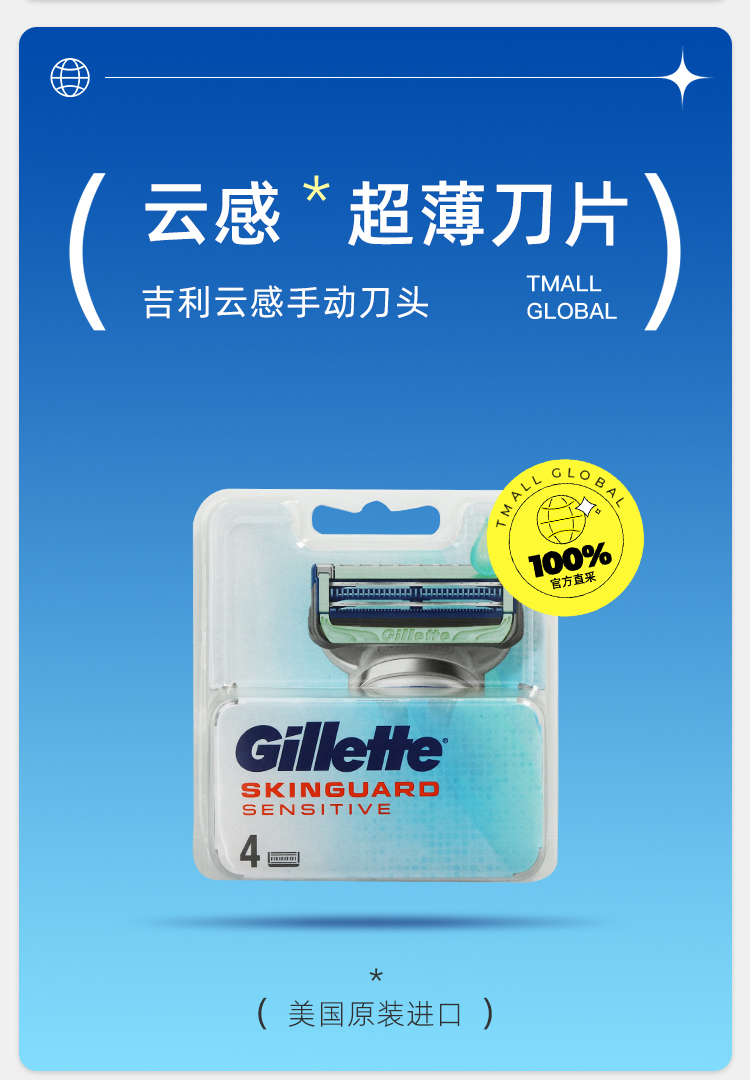 Gillette 吉列 SKIN 云感 剃须刀头 4枚装59元包税包邮（14.75元/个）