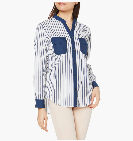 法国百年品牌 Aigle 艾高  女士V领口袋条纹长袖衬衫 ZCF053J296.53元