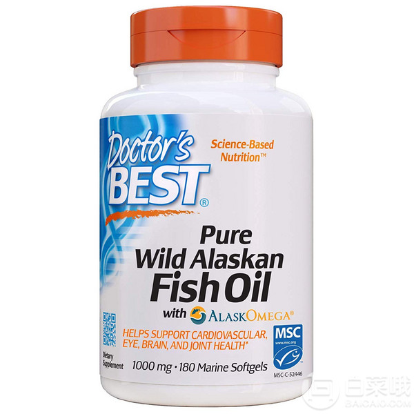 单件0税！Doctor's Best 纯野生阿拉斯加鱼油软胶囊1000mg*180粒153.24元免税包邮（可2件95折）