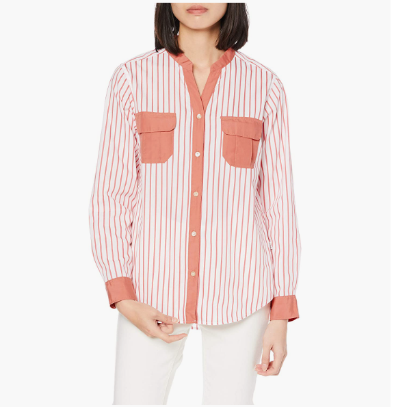 法国百年品牌 Aigle 艾高  女士V领口袋条纹长袖衬衫 ZCF053J296.53元