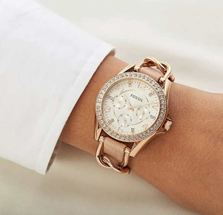 Fossil 化石 Riley系列 ES3466 镶施华洛世奇水晶玫瑰金三眼计时女表584元