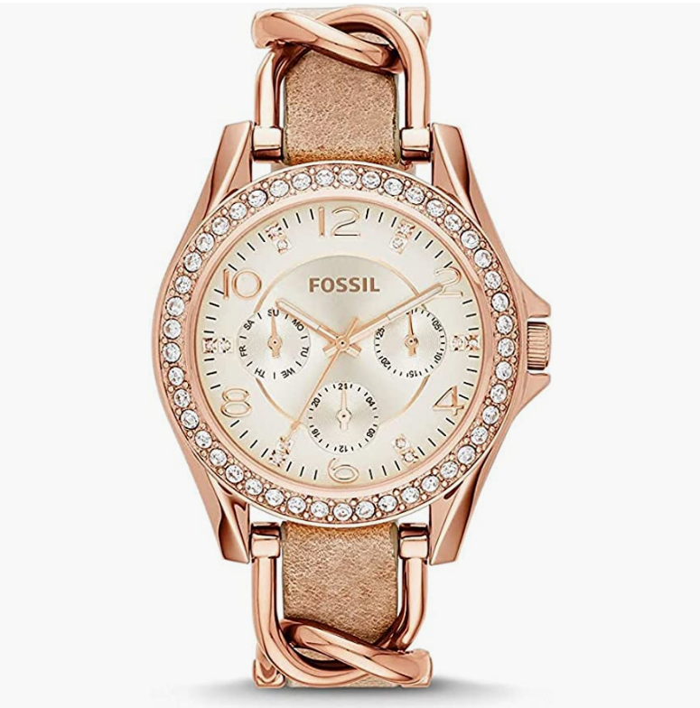 Fossil 化石 Riley系列 ES3466 镶施华洛世奇水晶玫瑰金三眼计时女表584元