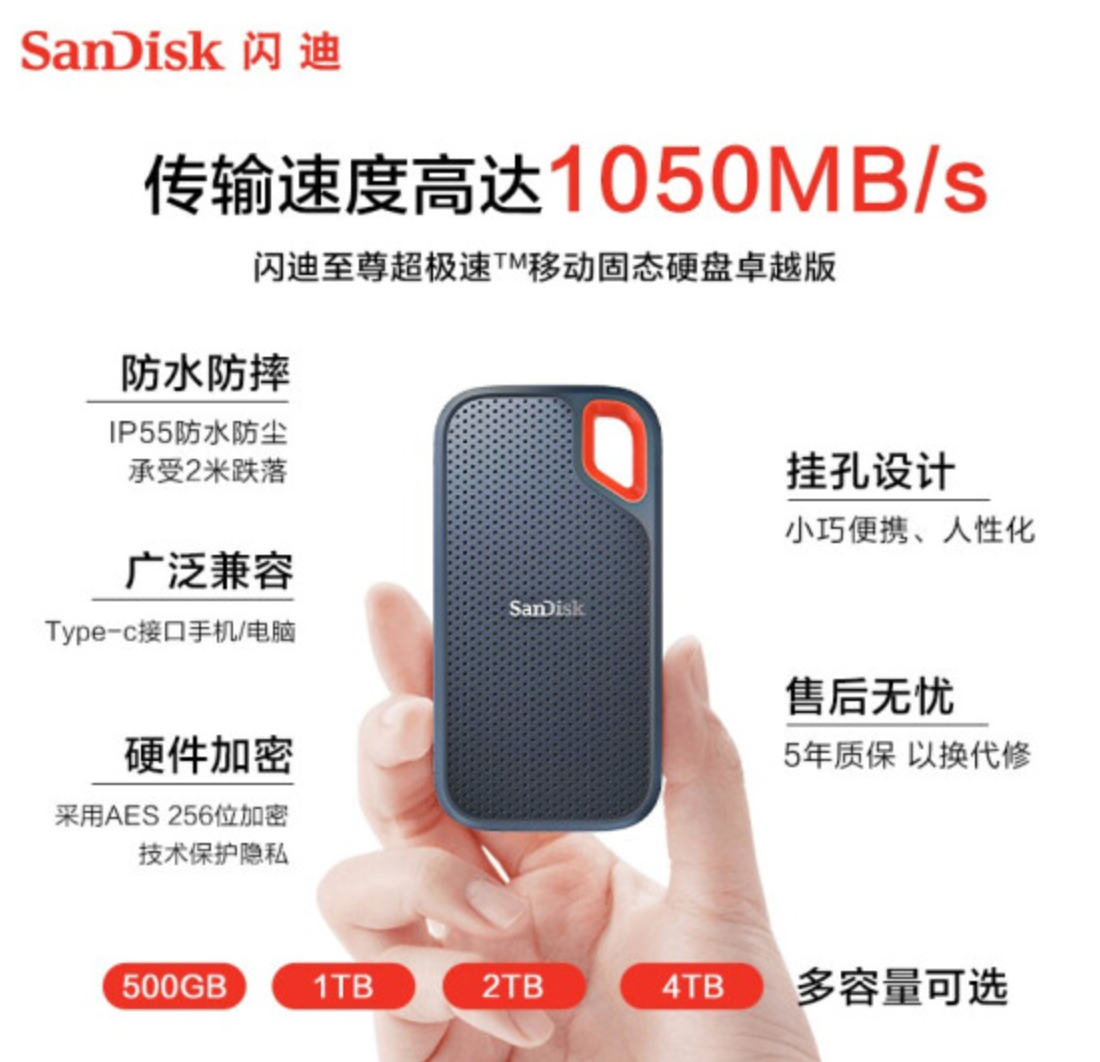 SanDisk 闪迪 Extreme E61 至尊极速卓越版 移动固态硬盘 1TB史低619元包邮（需领券）