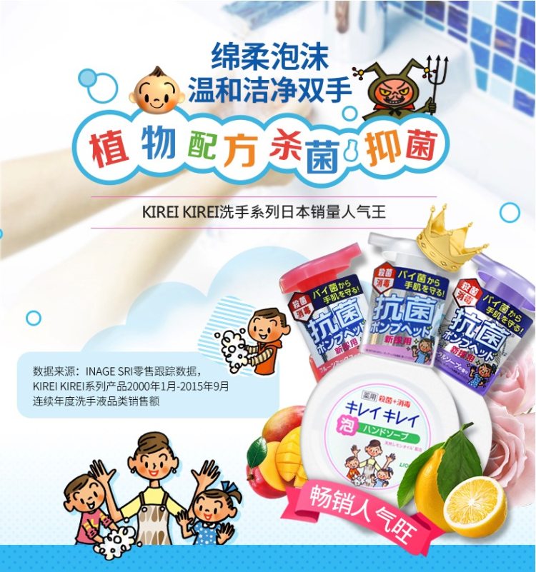 日本原装进口 狮王 Lion 清香型儿童抑菌消毒洗手液 250ml*3瓶 图2