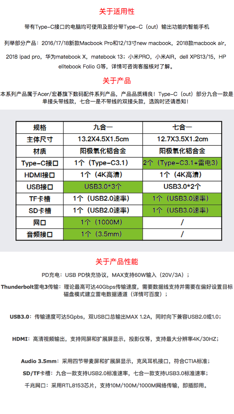 宏碁 Acer 9合1扩展坞电脑转换器 Type-C接口连接 图1