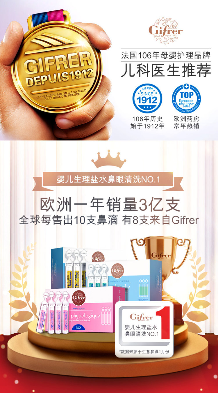 法国原产 Gifrer 生理海盐水 通鼻剂 40支 图1