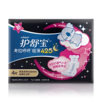 whisper 护舒宝 超薄夜用 考拉呼呼卫生巾 425mm 4片 *2件 图1