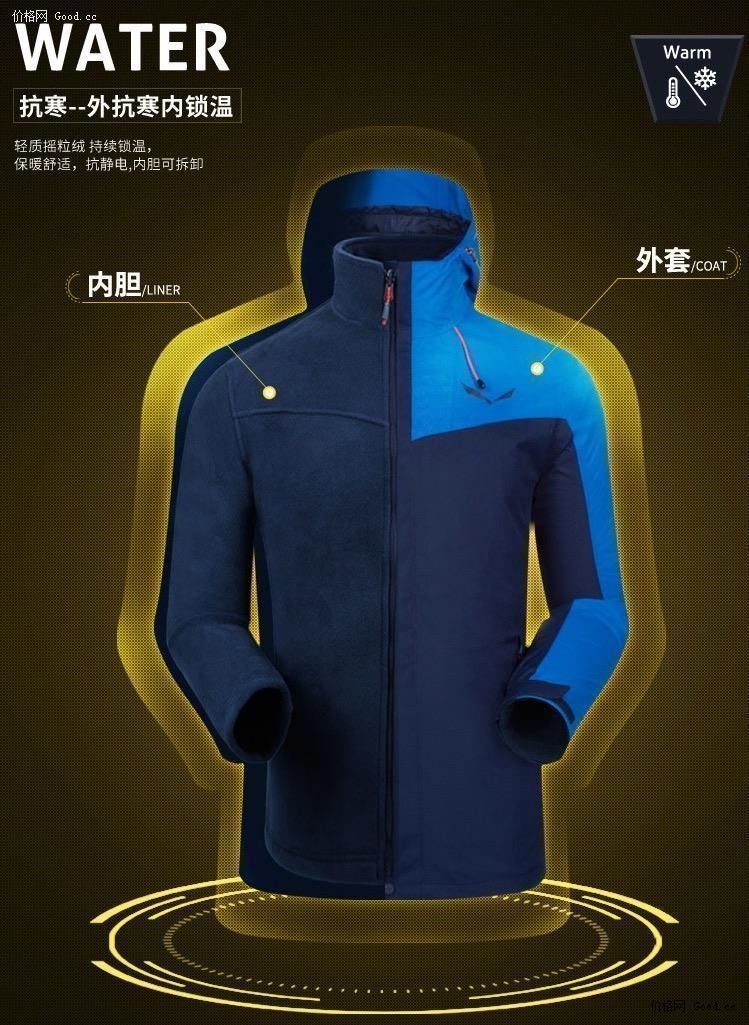 神价格 德国 沙乐华 5000mm水压 男女情侣款 三合一冲锋衣 带抗静电抓绒 图5