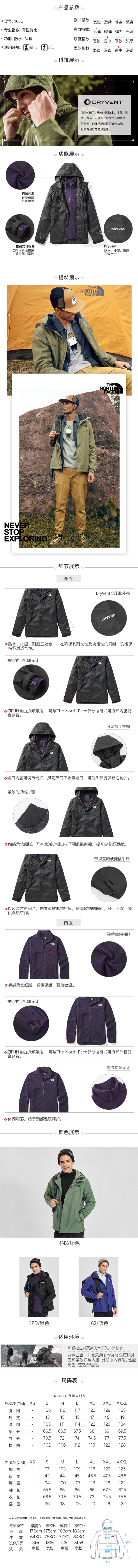 北面 The North Face 防水透气 男三合一冲锋衣 图3