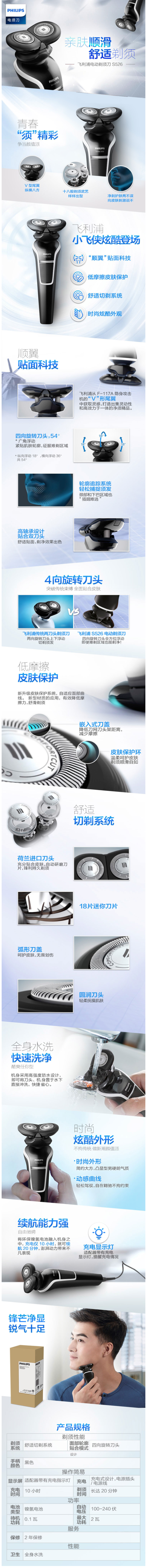 飞利浦 S526 充电式 双头电动剃须刀 全身可水洗 图1