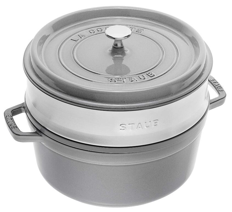 中亚Prime会员： Staub 经典系列 珐琅铸铁锅 26cm（带蒸屉） 灰色 图1