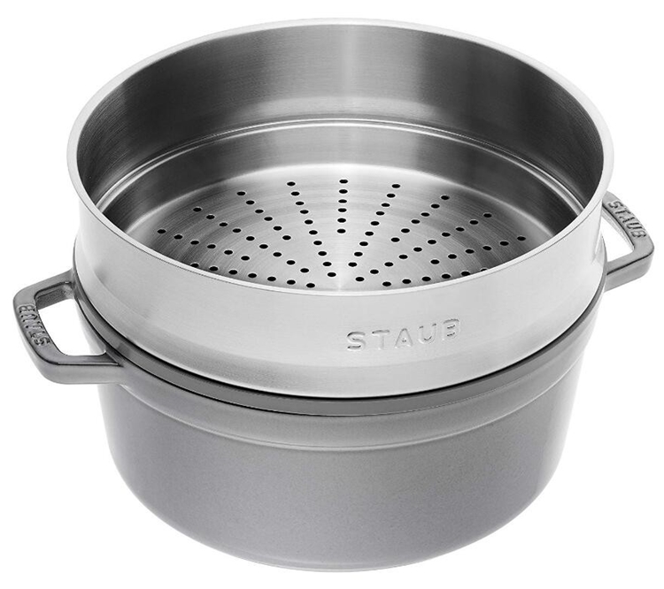中亚Prime会员： Staub 经典系列 珐琅铸铁锅 26cm（带蒸屉） 灰色 图2