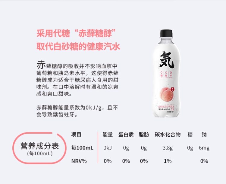 元気森林 0糖0脂0卡路里 桃味苏打气泡水 480ml*12瓶 图4