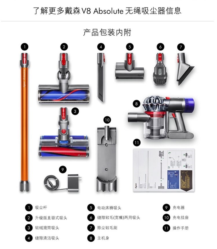 戴森dysonv8顶配absolute无线吸尘器配6吸头