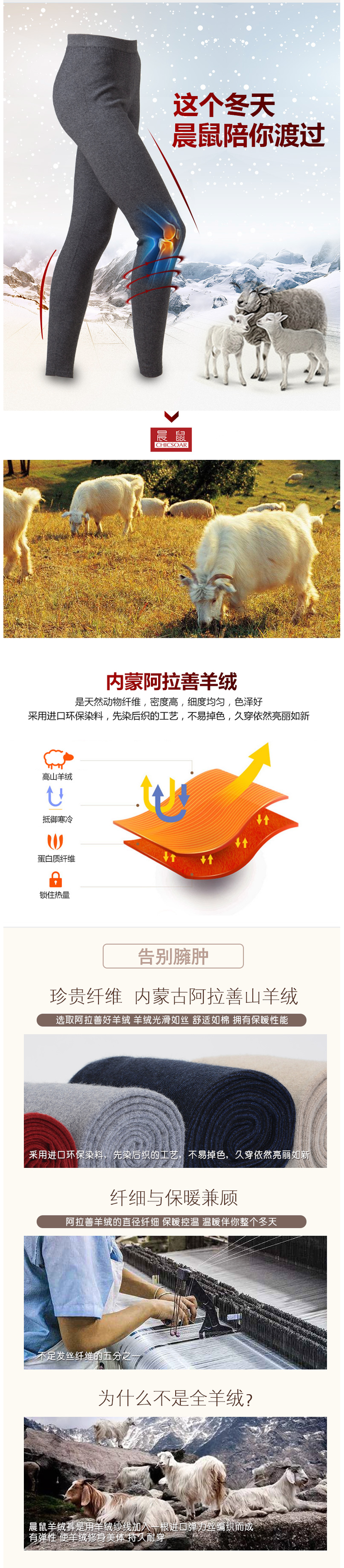晨鼠 男 240克重 薄款 96%阿拉善 羊绒裤 图3
