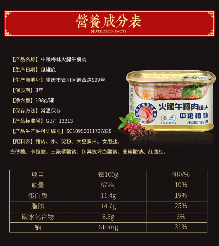 中粮 午餐肉罐头 升级加肉版 3罐 图7