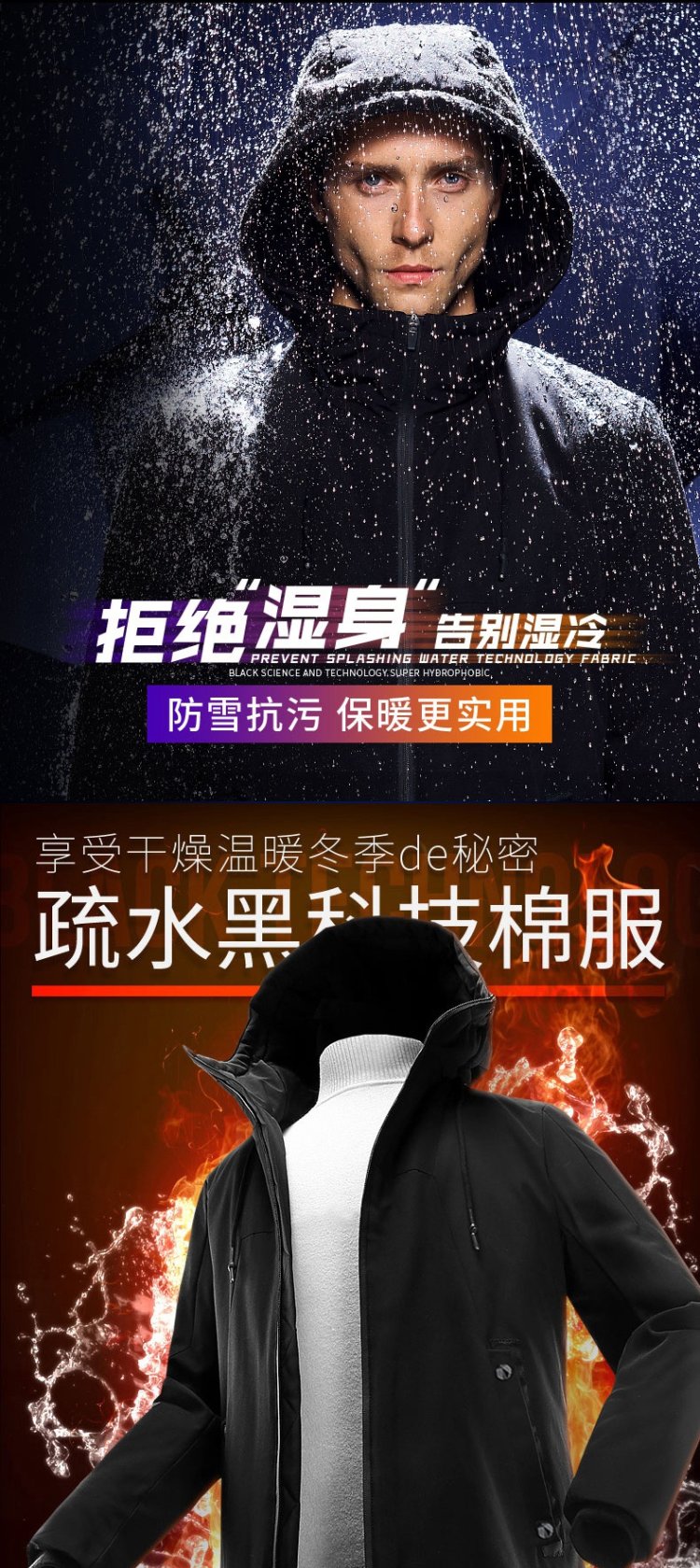 防水面料中长款 男士中长款连帽棉衣 蚕丝棉填充 图1