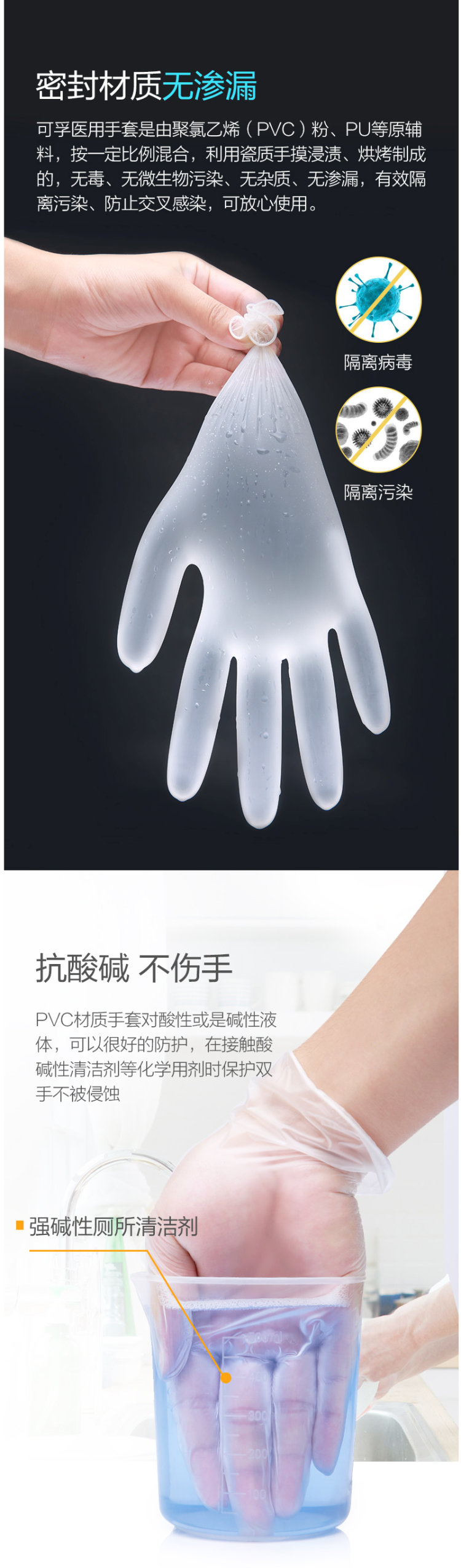 可孚 医用级 一次性pvc薄膜透明手套 100只 图2