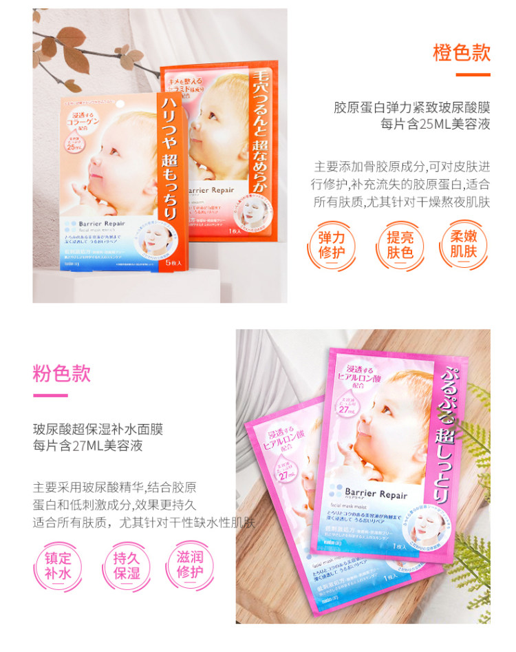 mandom 曼丹 婴儿肌补水面膜套装 粉/蓝/橙盒 5片*3盒 图6