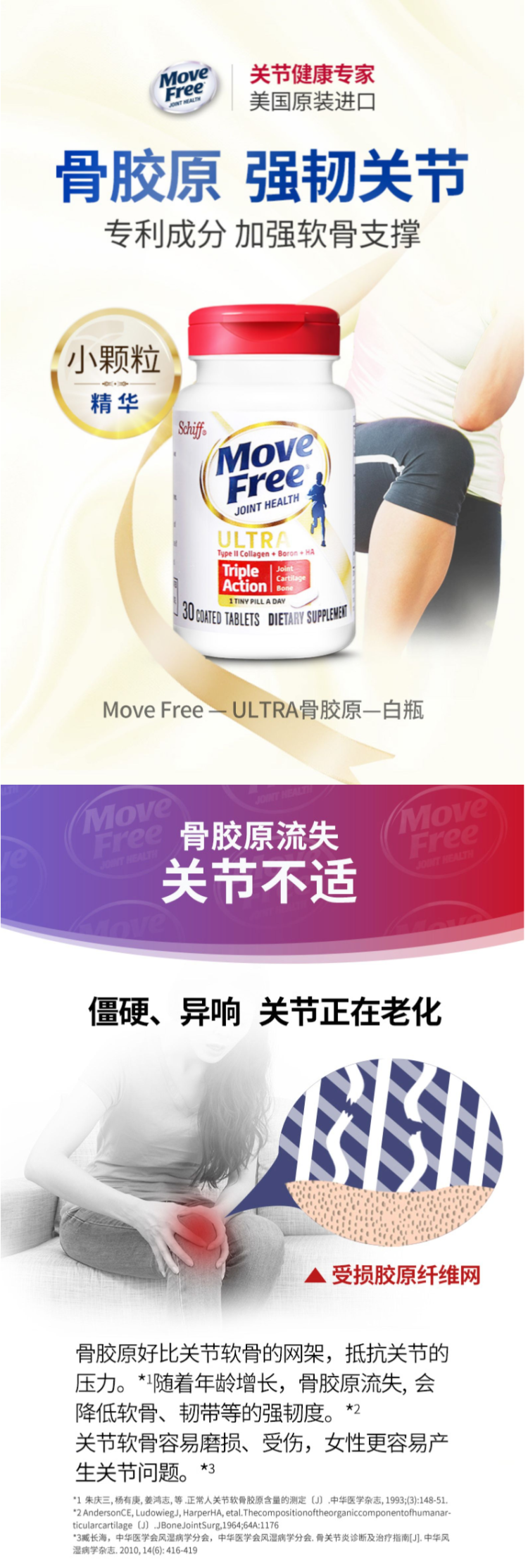 美国进口 Schiff MoveFree Ultra骨胶原维骨力 白瓶 超浓缩 30粒*2瓶 图5