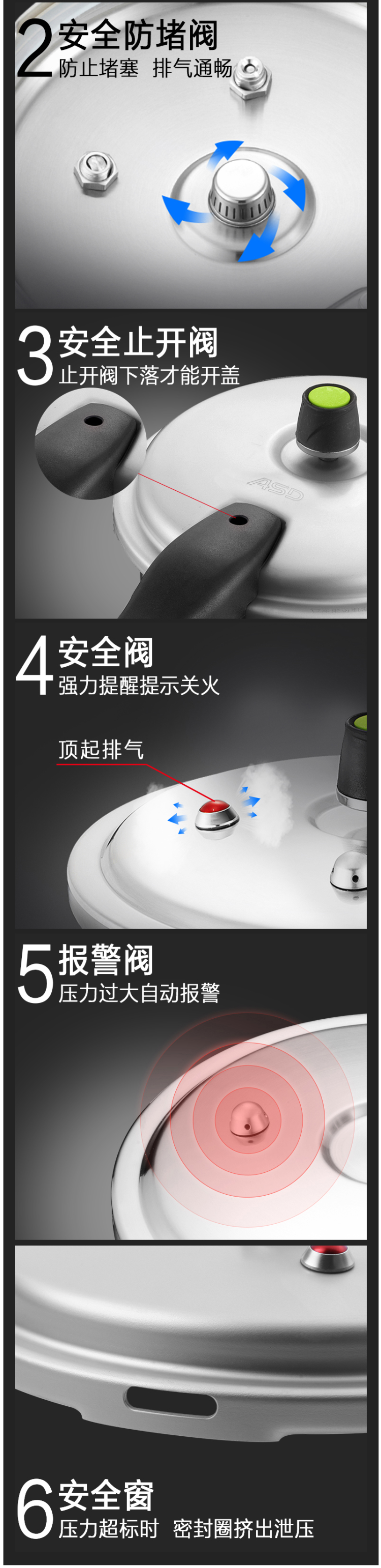 爱仕达 铝合金 六保险高压锅 20cm/5L 明火适用 图14