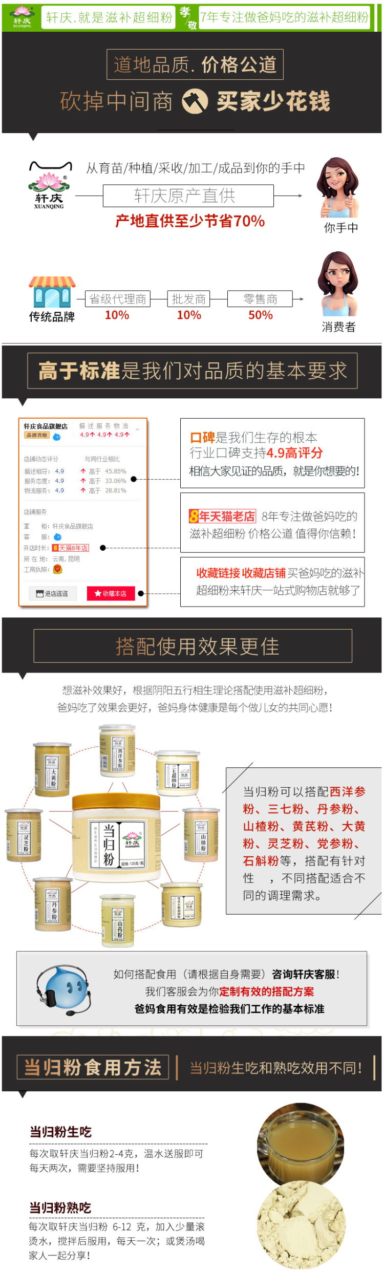 轩庆 岷县非野生特级纯全归头粉 500g 补血活血 调经止痛 图7