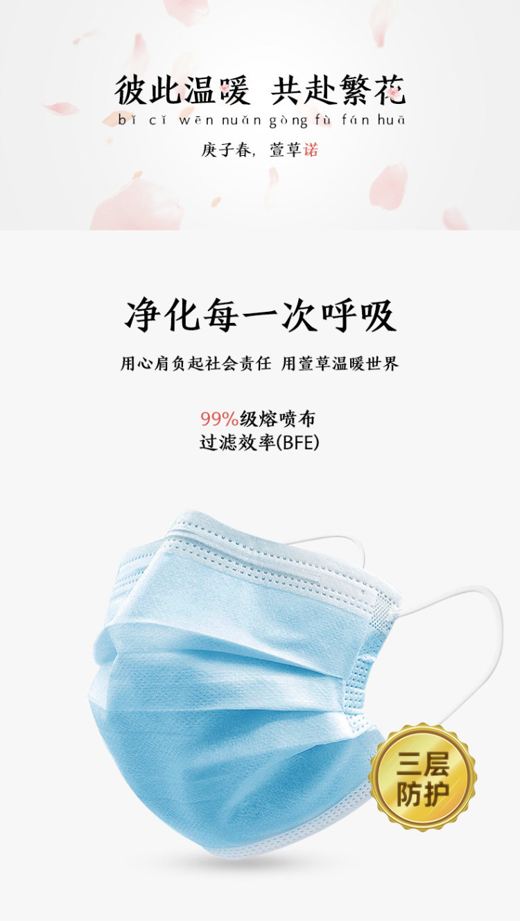 萱草一次性口罩三层防飞末现货熔喷布过滤成人防尘透气口鼻罩蓝色 图1