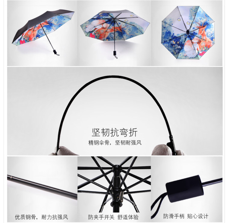 羚羊早安 原创插画伞 黑胶防晒三折太阳伞 图4