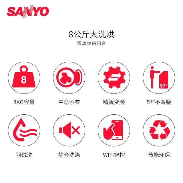 三洋 Radi8S 8kg 洗烘一体 1200转脱水 滚筒洗衣机 图2