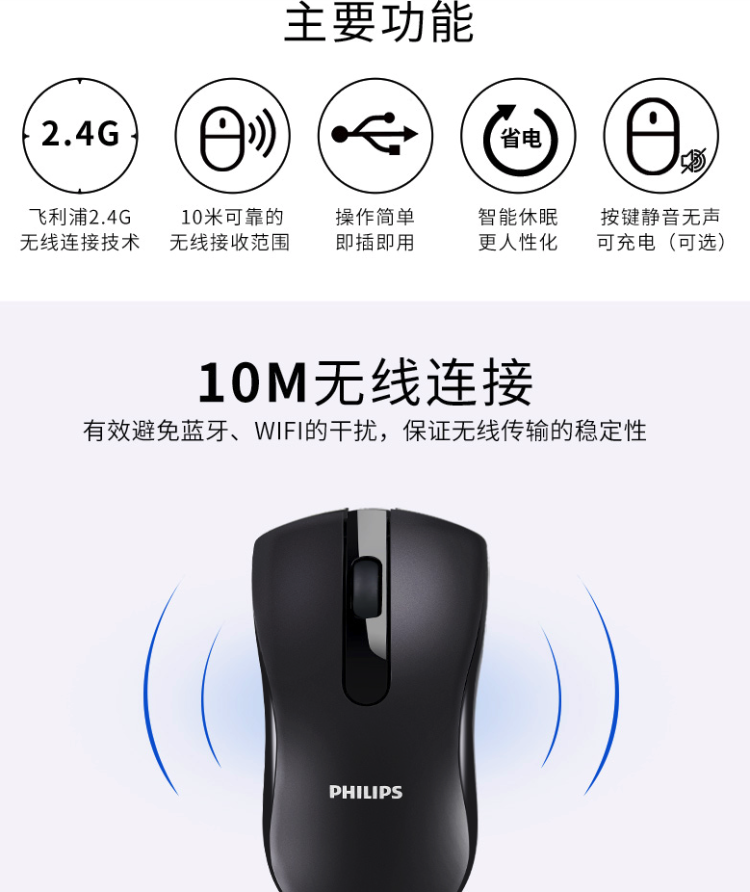 飞利浦 静音无线鼠标 送电池 图2