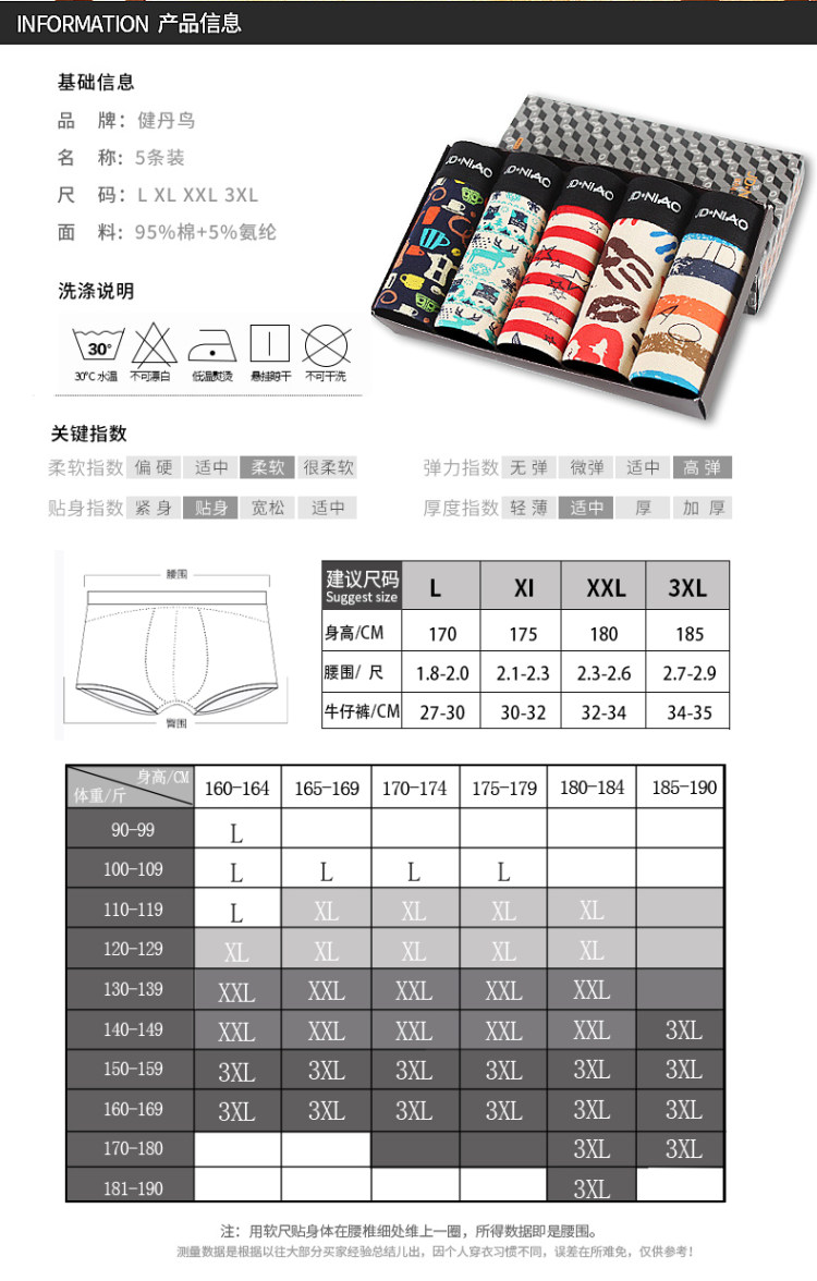 健丹鸟 男士弹力纯棉内裤5条 累计百万评价 图3