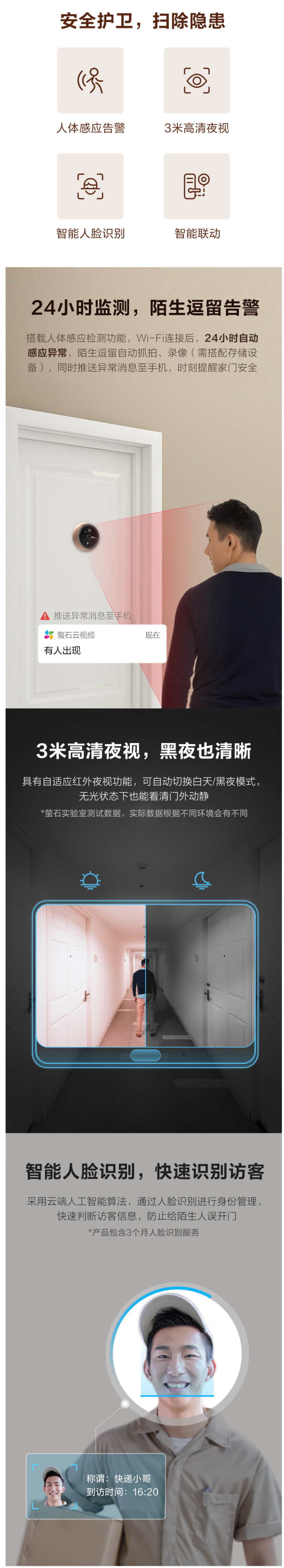 海康威视旗下 萤石 DP1C 智能夜视电子猫眼 监控摄像头/人脸识别/门铃 图3